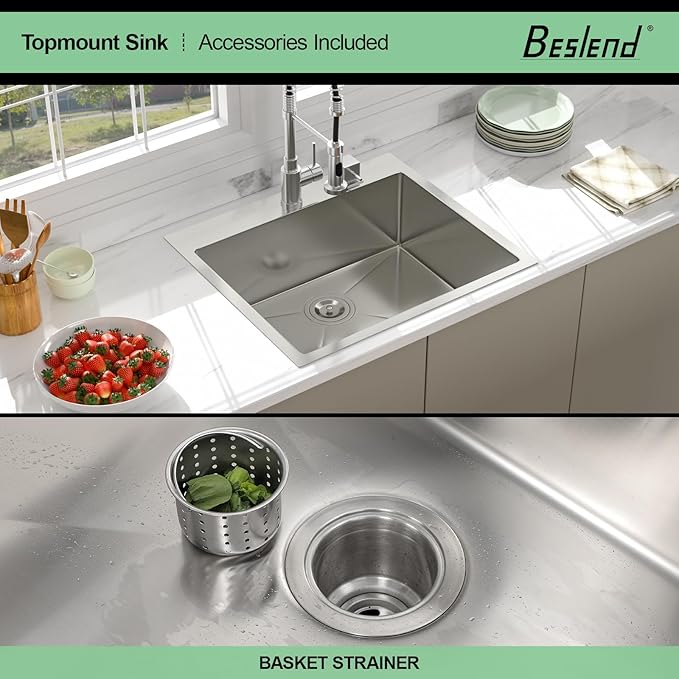 25 Drop In Kitchen Sink - Beslend 25x22 Inch Kitchen Sink Drop In Stainless Steel Sinks Topmount 16 Gauge 9" Deep Single Bowl Above Counter Sinks Dish Basin, Sink Only