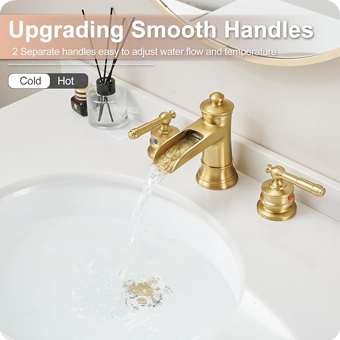 Gold Bathroom Faucet Waterfall, Brass 4-16 Inch Bathroom Faucets 3 Hole, Widespread 2 Handles with Pre-installed Water Hose & Pop-Up Drain for Vintage Vanity Washroom, 10 Mins Quick Installation