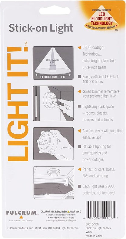 LIGHT IT! By Fulcrum, 30010-308 Stick-On Light, White, 3 Pack