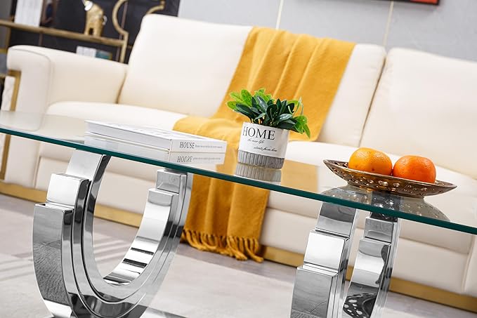 Modern Glass Coffee Table, 51" Sofa Coffee Table with Silver Stainless Steel Frame and Clear Glass Top, Rectangular Cocktail Table Accent Centre Table for Living Room