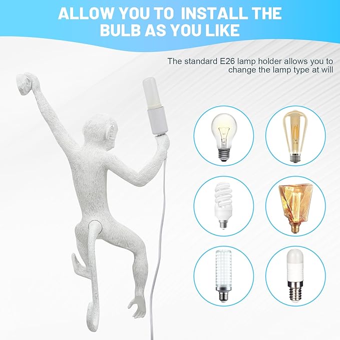 Monkey Wall Lingt, Creative Monkey Shape Plug in Wall Sconces, Industrial Retro Indoor Decorative Animal Light Fixture for Bedroom, Living Room, Childrens Room and Home Decoration