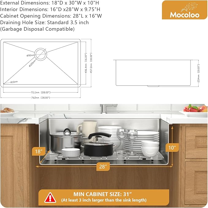 30 Inch Undermount Kitchen Sink - Mocoloo 30x18 Stainless Steel Kitchen Sink 16 Gauge Under Counter 10" Deep Single Bowl Handmade Sinks