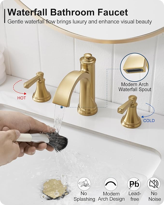 Brass Bathroom Waterfall Faucet, 4-16 Inch Brushed Gold Bathroom Faucet Widespread Bathroom Sink Faucet, 2 Handles Bathroom Faucets for Sink 3 Hole with Pop Up Drain, Water Hoses