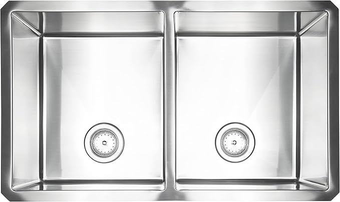 MSI 32 inch Undermount 50/50 Double Bowl 16 Gauge Stainless Steel Kitchen Sink and Strainer