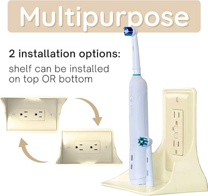 Power Perch Horizontal Wall Outlet Shelf with Cord Storage Strap - Declutter & Reclaim Bathroom Counter Space - Alexa Stand, Apple Homepod Shelf, Toothbrush Holders Wall Mounted - Almond, 1-Pack
