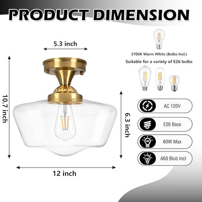 Brass Schoolhouse Light Fixture 12" Mid Century Light Fixture Schoolhouse Light Fixtures Ceiling Clear Glass Semi Flush Mount Ceiling Lights for Bedroom Bathroom Kitchen(Bulb Incl.)