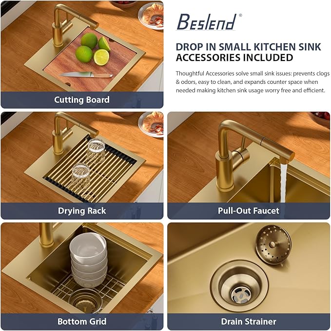 15 Outdoor Kitchen Sink with Faucet- Beslend Gold Drop In Outdoor Bar Sink with Pull-Out Faucet and Cover, 16 Gauge Stainless Steel Kitchen Sinks Workstation Single Bowl Above Counter Indoor Outdoor