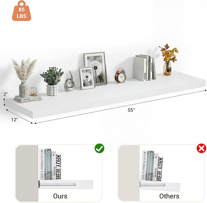Heimlove 12 Inch Deep Floating Shelves, 55 x 12 inches Long Wall Shelf, Large Extra Display Shelf & Storage Shelf, Rustic Wood Wall Shelves for Fireplace Mantel, Set of 1(White)