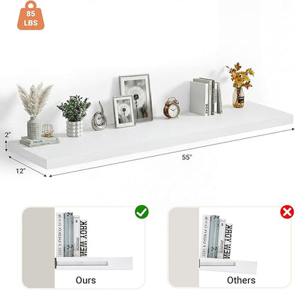 Heimlove 12 Inch Deep Floating Shelves, 55 x 12 inches Long Wall Shelf, Large Extra Display Shelf & Storage Shelf, Rustic Wood Wall Shelves for Fireplace Mantel, Set of 1(White)