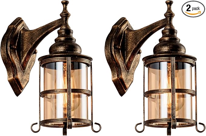 Rustic Amber Glass Wall Sconce 2-Pack, Bronze Brushed, Industrial Farmhouse Lamp Porch Lighting Waterproof Retro Lamp for Indoor Bedroom Living Room Outdoor（NO Bulb）