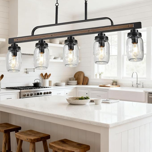 5-Light Rustic Farmhouse Dining Room Light, Black Mason Jar Chandelier Lighting Fixture for Kitchen Island, Dining Room, Cluster Hanging Pendant Light with Jar Glass Shade