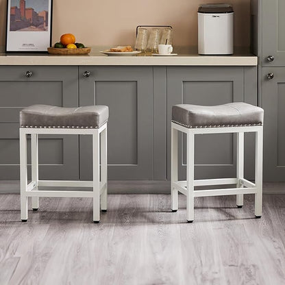 Sweetcrispy 24 inch Bar Stools Set of 4, Upholstered Modern Counter Height Bar Stools for Kitchen Island Modern PU Leather Sadless Stools Chair with Metal Base and Footrest,Grey