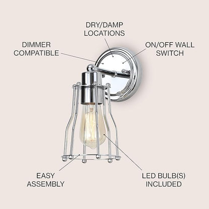 JONATHAN Y 5.13" Chrome Modern Industrial Metal Vanity Light, Bathroom Sconce for Mirror, Reversible 1-Light Wall Lamp with Metal Cage Shade for Hallway, LED Bulb Included JYL7415A