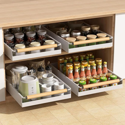 2 Pack Pull out Cabinet Organizer, 16" Deep Pull Out Drawer for Kitchen Cabinets Adhesive with Nano Film, Slide out Cabinet Organizer Shelf for Pantry Bathroom Organization White