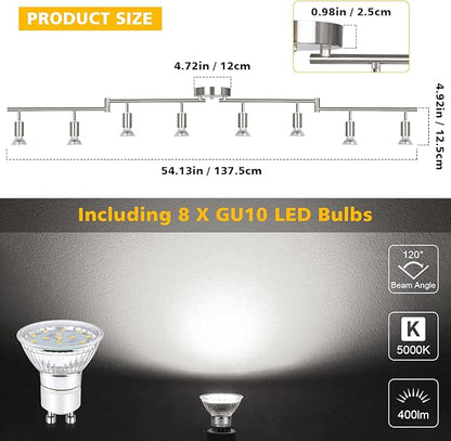 Unicozin LED Track Lighting Kit, 54.13'' Matt Nickel 8 Way Ceiling Spot Lighting, Flexibly Rotatable Light Head, Modern Track Light Included 8 x LED GU10 Bulb (4W, Daylight White, 400LM)