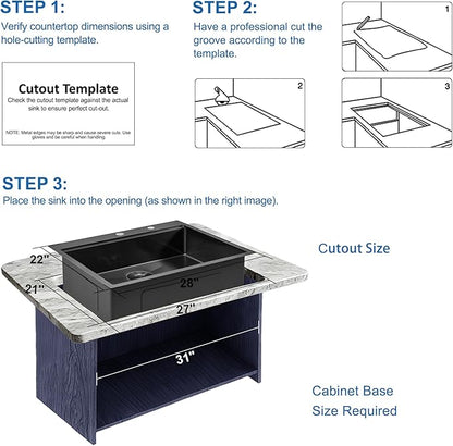 Scamall 28x22x10 Drop In Kitchen Sink Workstation, Nano Black 304 Stainless Steel Deep Single Bowl with Quick Drainage & Tarnish-Free Surface for Bar, Laundry, RV, Includes Accessories