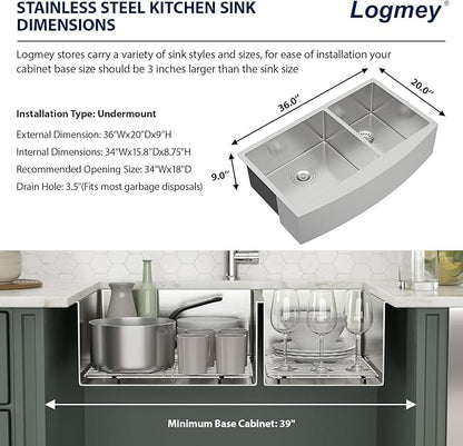 Logmey 36 Inch Double Bowl Farmhouse Kitchen Sink 36x20x9 Inch 60/40 Farm Apron Front Nano Coating Stainless Steel 16 Gauge Handmade Undermount Kitchen Sink