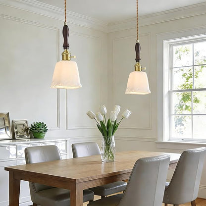 Mini Pendant Light Milky White Glass Pendant Lights Vintage Brass Pendant Lighting Kitchen Island Hanging Lamp with Wood Handle for Bedroom Dining Room (2 Pack)