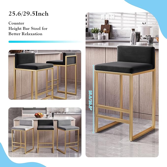 Velvet Stools with Low Back Mid-Century Upholstered Armless Chairs for Kitchen Island Home Pub Grey + Gold Sitting Height 65cm (Black + Gold 25.6in)