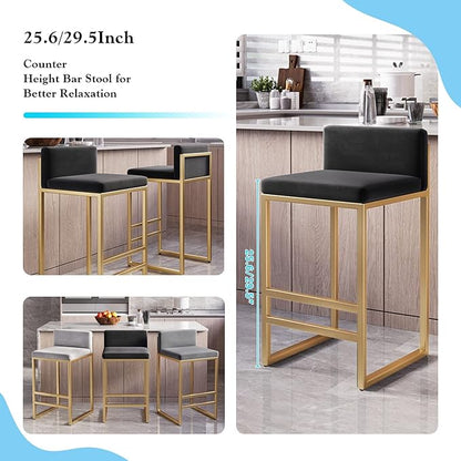 Velvet Stools with Low Back Mid-Century Upholstered Armless Chairs for Kitchen Island Home Pub Grey + Gold Sitting Height 65cm (Black + Gold 25.6in)