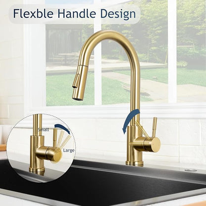 Hotis Gold Kitchen Faucet with Pull Down Sprayer, High Arc Stainless Steel Sink Faucet, Brushed Gold Bar Faucet Fit for 1 Hole Sink, Easy Install for Kitchen Farmhouse RV, HT-KBD101G