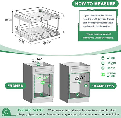 2-Tier Pull Out Cabinet Organizer (23" W x 22" D), Soft Close Cabinet Slide Out Shelves, Heavy Duty Slide Out Drawers with Shelf Liner for Kitchen Cabinets, Pantry Storage, Bathroom