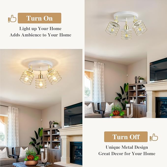 Semi Flush Mount 3-Light Kitchen Ceiling Fixture, Multi-Directional Lights for Kitchen, Farmhouse, Hallway, Dining Room, Entryway (White & Gold)