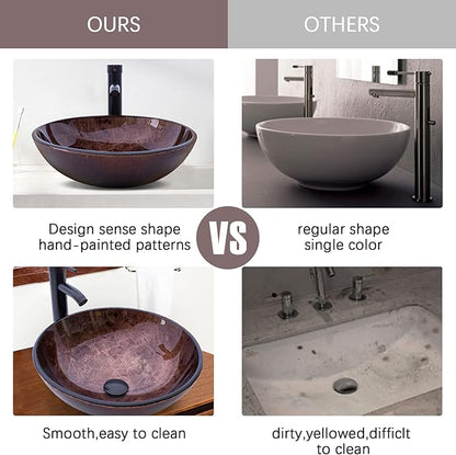 Bathroom Vessel Sink 16.5" Vessel Sinks Tempered Glass Brown Art Basin Round Bowl with Faucet Combo Brown,Countertop Bowl Sink for Lavatory Vanity Cabinet