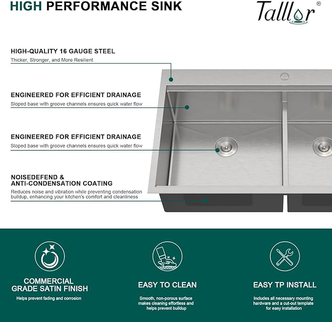 33 Inch Drop-In Double Bowl Kitchen Sink, 16 Gauge 304 Stainless Steel 60/40 Low Divide Workstation All-In One Large Sink with Accessories, Brushed Nickel #TLDB-502