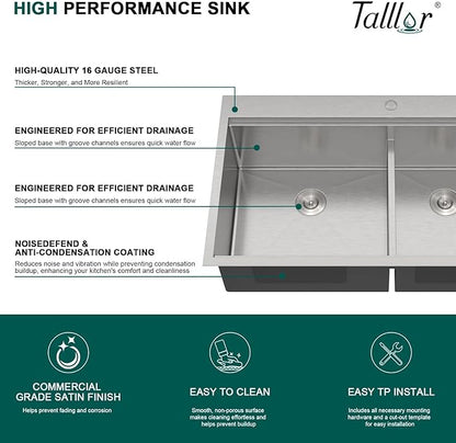 33 Inch Drop-In Double Bowl Kitchen Sink, 16 Gauge 304 Stainless Steel 60/40 Low Divide Workstation All-In One Large Sink with Accessories, Brushed Nickel #TLDB-502