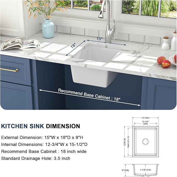Lordear Granite Composite White Bar Sink 15 x 18 Inch Undermount Kitchen RV Sinks Small Quartz Bar Sink