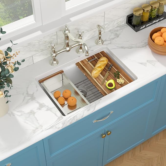 Sarlai 28 Granite Composite Kitchen Sink - 28 x 19 Inch Granite Undermount Kitchen Sink Ledge Workstation Under-Mount White Quartz Classic Single Bowl Sinks Under Counter Basin With Accessories