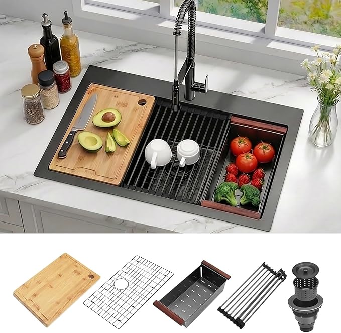 Black Drop In Kitchen Sink 33" x 22", 16 Gauge 304S Stainless Steel Workstation Sinks with Accessories, 33" x 22" x 10" Large and Deep Top Mount Single Bowl Kitchen Sink