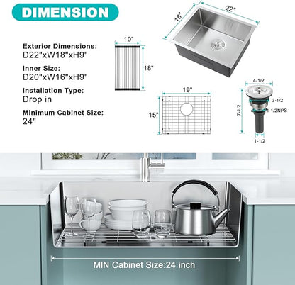 22-Inch Undermount Kitchen Sink, 304 Stainless Steel Brushed Single Bowl Handmade Sink with Bottom Grid & Roll-up Drying Rack, for Indoor/Outdoor Use (D22"xW18"xH9")