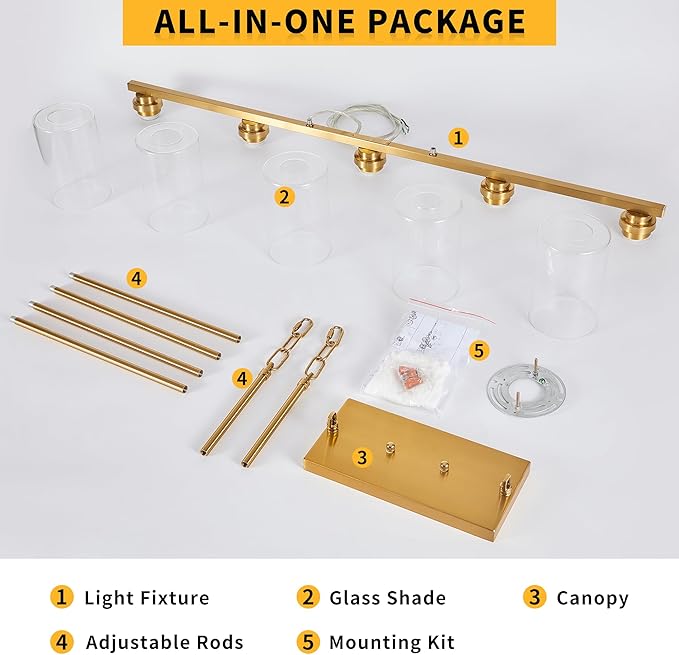 Mecgirn Island Light for Kitchen, Brushed Gold Dining Room Light Fixture Over Table, 5-Light Linear Chandelier Pendant Lighting for Dining Table Kitchen Island Living Room