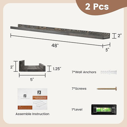FLYJOE 48 Inches Long Floating Shelves for Wall, Solid Pine Wood Picture Ledge Shelves, Wall Shelves with Lips, Nursery Book Shelves for Toys Storage Living Room Bedroom Photo Frames (2 Pcs, Grey)