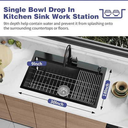 Black Kitchen Sink Workstation,30"x18" Stainless Steel Drop In Single Bowl Sink Built-in Ledge Workstation Sink Design For Placing/Sliding Accessories-Cutting Board And Drying Rack,Colander