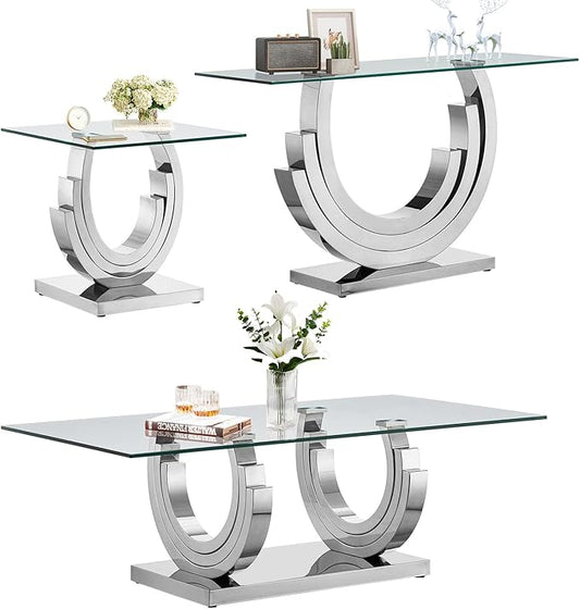 Glass Living Room Table Set of 3, Modern Glass Coffee Table with 1 Console Table & End Tables Set for Apartment, Luxury Coffee Table Sets Perfect for Living Room, Stainless Steel Frame