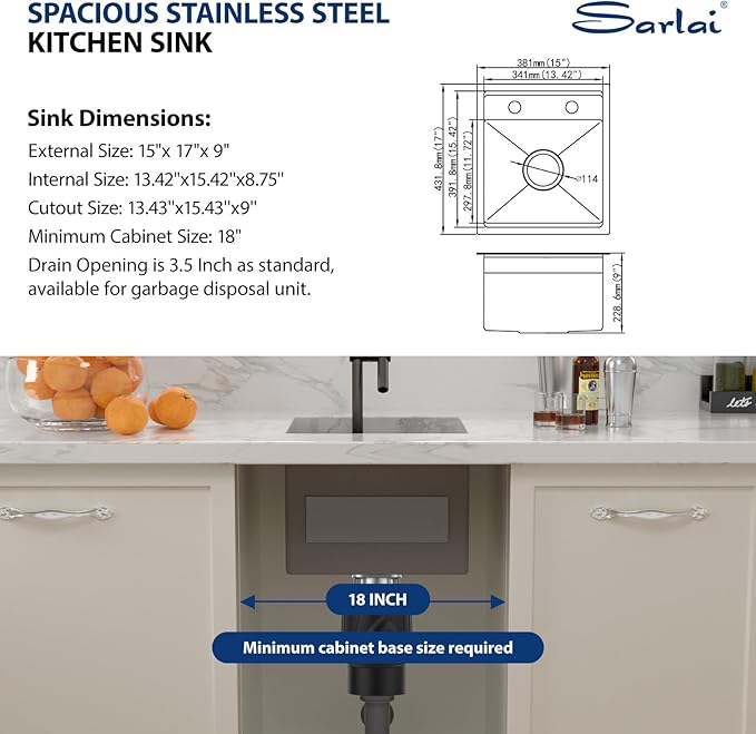Sarlai Black Outdoor Sink, 15x17 Inch Undermount Kitchen Sink Workstation with Foldable Faucet Bar Prep Single Bowl Gunmetal Black 16 Gauge Stainless Steel Sinks with Cover,BBQ Sinks Outside