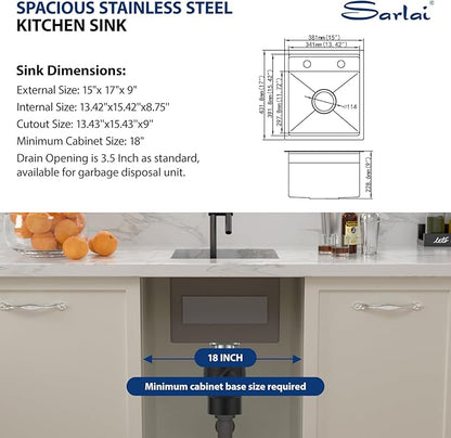 Sarlai Black Undermount Bar Sink - 15x17 Inch Outdoor Kitchen Sink RV Workstation Gunmetal Black 16 Gauge Stainless Steel Single Bowl Handmade Outdoor BBQ Sinks With Foldable Faucet