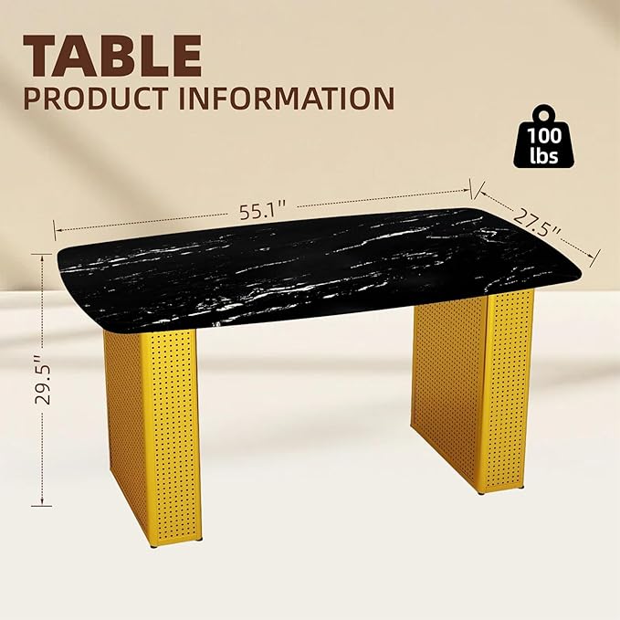 Modern Rectangular Dining Table, Tempered Glass Marble-Top with Gold Dual Pedestal Base, 6-8 Seater, Perforated Metal Frame for Stability, Stylish Kitchen Table for Dining Room and Home Office Use