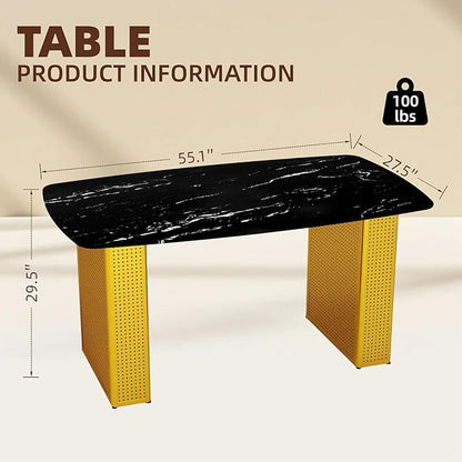Modern Rectangular Dining Table, Tempered Glass Marble-Top with Gold Dual Pedestal Base, 6-8 Seater, Perforated Metal Frame for Stability, Stylish Kitchen Table for Dining Room and Home Office Use