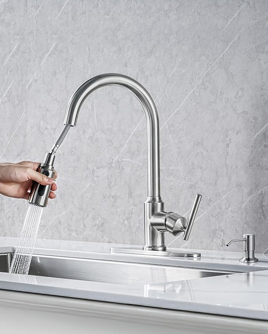 Kitchen Faucets, WOWOW Brushed Nickel Kitchen Faucet with Pull Down Sprayer, High Arc Single Handle Stainless Steel Sink Faucets 1 or 3 Hole, Kitchen Sink Faucets for Farmhouse Camper Laundry Rv Bar