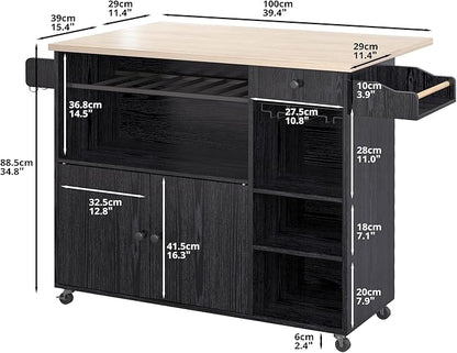 IRONCK Rolling Kitchen Island Cart with Drop-Leaf and Wine Rack, Microwave Rack Serving Cart on Wheels with Drawer & Shelves & Spice Rack & Cup Hanging, Black
