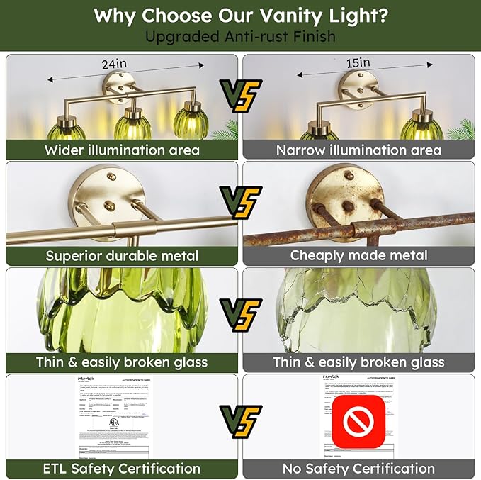 Generies Green Glass Vanity Light, Vintage 3-Light Bathroom Vanity Light Fixture Over Mirror, Art Deco Wall Sconce Lighting for Bathroom, Bedroom, Hallway, Brushed Gold