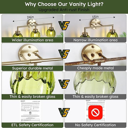 Generies Green Glass Vanity Light, Vintage 3-Light Bathroom Vanity Light Fixture Over Mirror, Art Deco Wall Sconce Lighting for Bathroom, Bedroom, Hallway, Brushed Gold