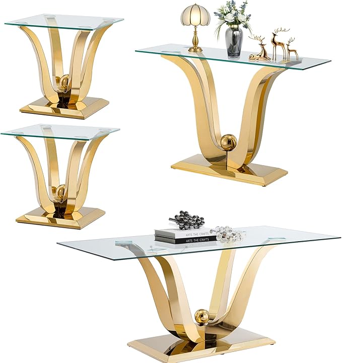 Luxury Glass Coffee Table Set of 4 Piece Gold Living Room Table Set of 4 Including Coffee Sofa End Tables Set,Gorgeous Stainless Steel Frame, Clear Glass Top for Living Room Home Office Apartment