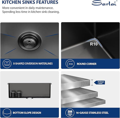 Sarlai Black Farmhouse Sink - 30 Inch Apron Front Kitchen Sink 30x22 Inch Farmhouse Kitchen Sinks Gunmetal Black Farmer Farm Stainless Steel 16 Gauge Sinks Deep Single Bowl Basin