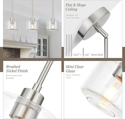 Brushed Nickel Pendant Lights Kitchen Island 2 Pack, Modern Clear Glass Hanging Light Fixtures with Rods, Mini Kitchen Pendant Lighting Over Island for Sink Bathroom, OS-YQ8153-2PBNC