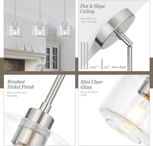 Brushed Nickel Pendant Lights Kitchen Island 2 Pack, Modern Clear Glass Hanging Light Fixtures with Rods, Mini Kitchen Pendant Lighting Over Island for Sink Bathroom, OS-YQ8153-2PBNC